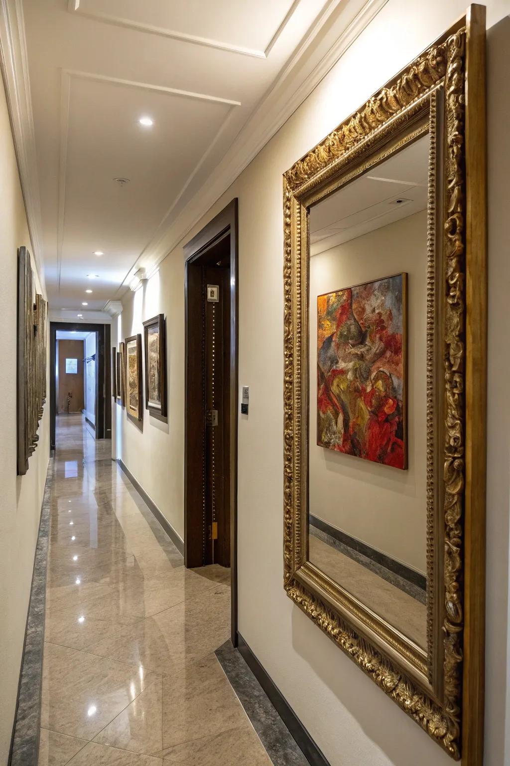 A smart use of mirrors to accentuate the wall art.