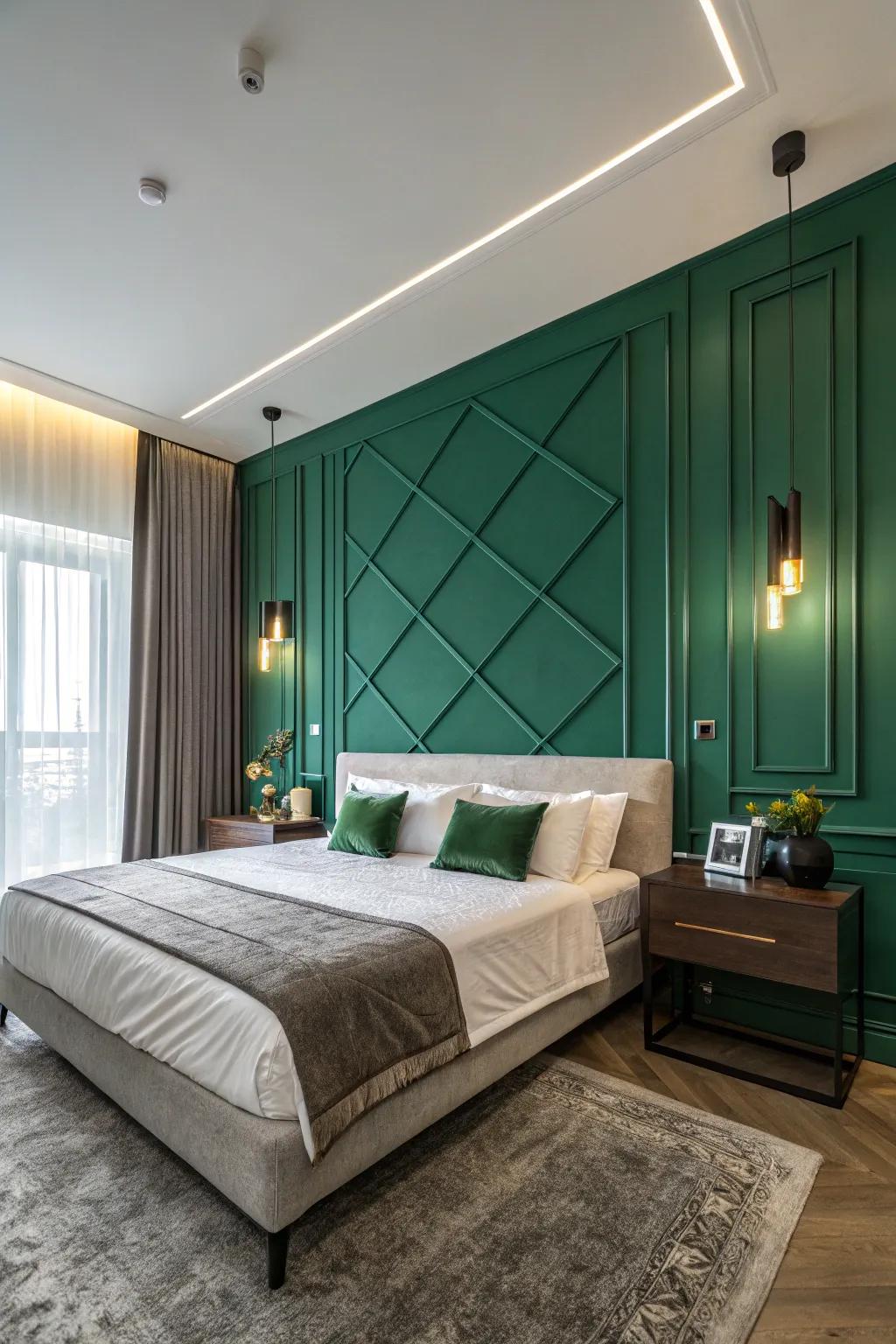 An eye-catching emerald rock wall acts as a luxurious accent.