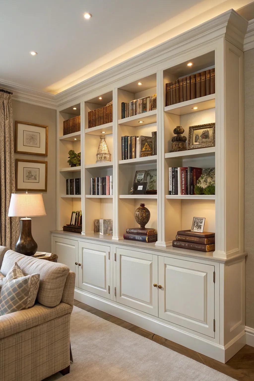 Integrated shelves provide a custom and sophisticated solution for housing your book collection.