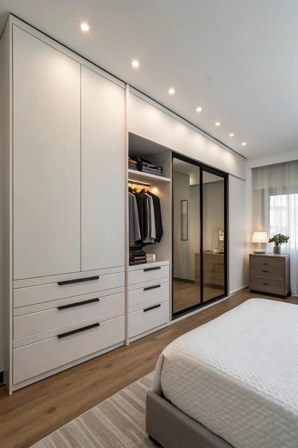 Integrated drawers in a wall closet for a neat and organized look.