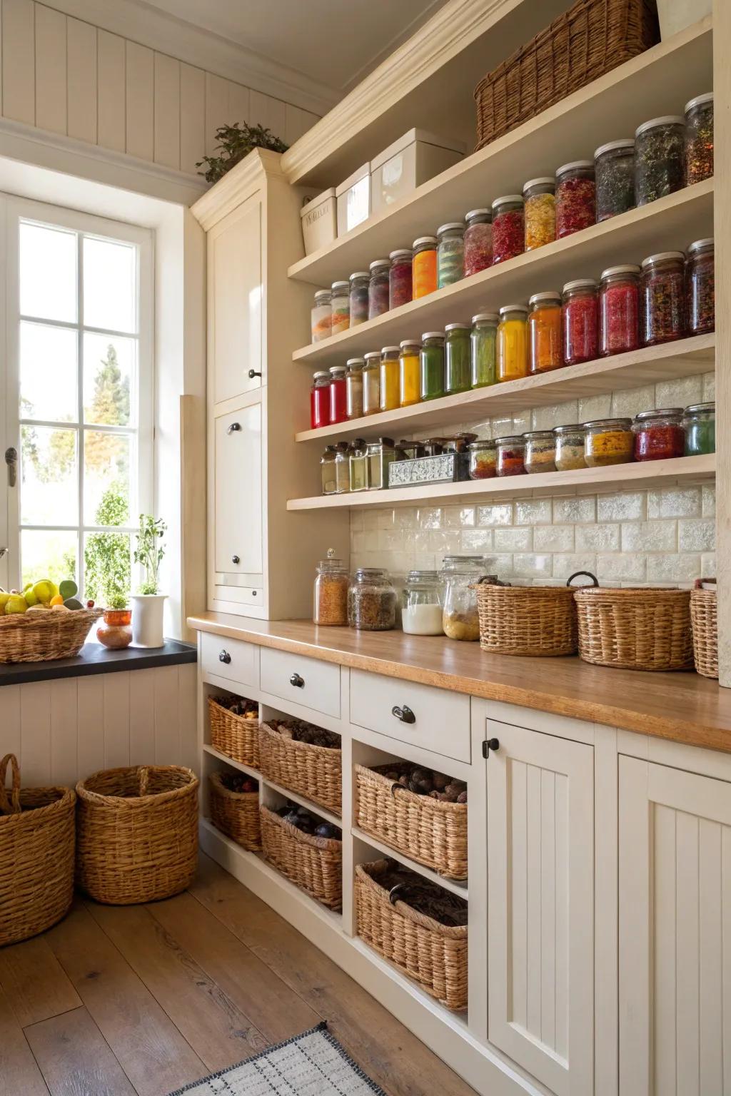 Open shelving with neatly arranged jars and baskets.