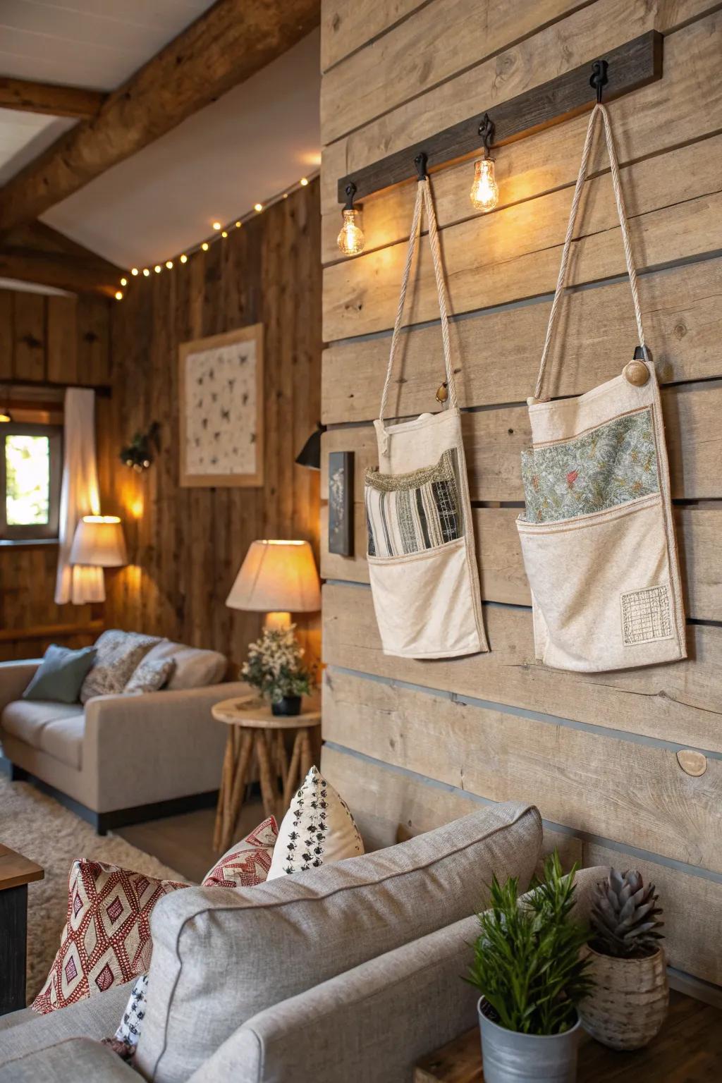 Country-style fabric pouches add comfort and texture to any setting.
