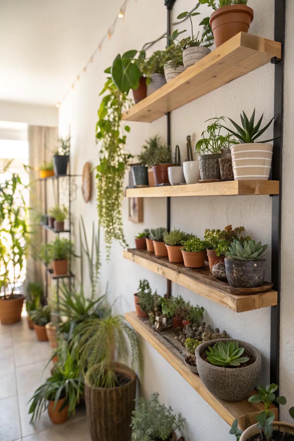 Infuse natural elements with shelves adorned with plants.