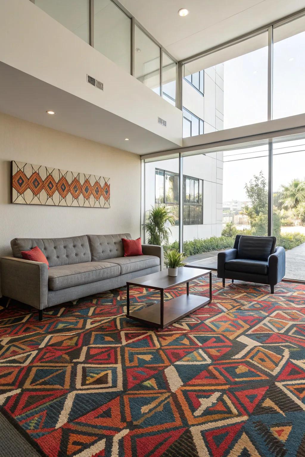 Create a bold statement with a vividly patterned carpet.