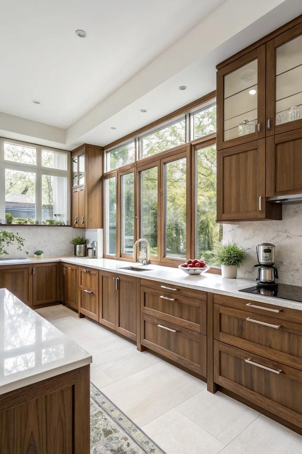 Contrast pale worktops with walnut units to achieve a harmonious aesthetic.