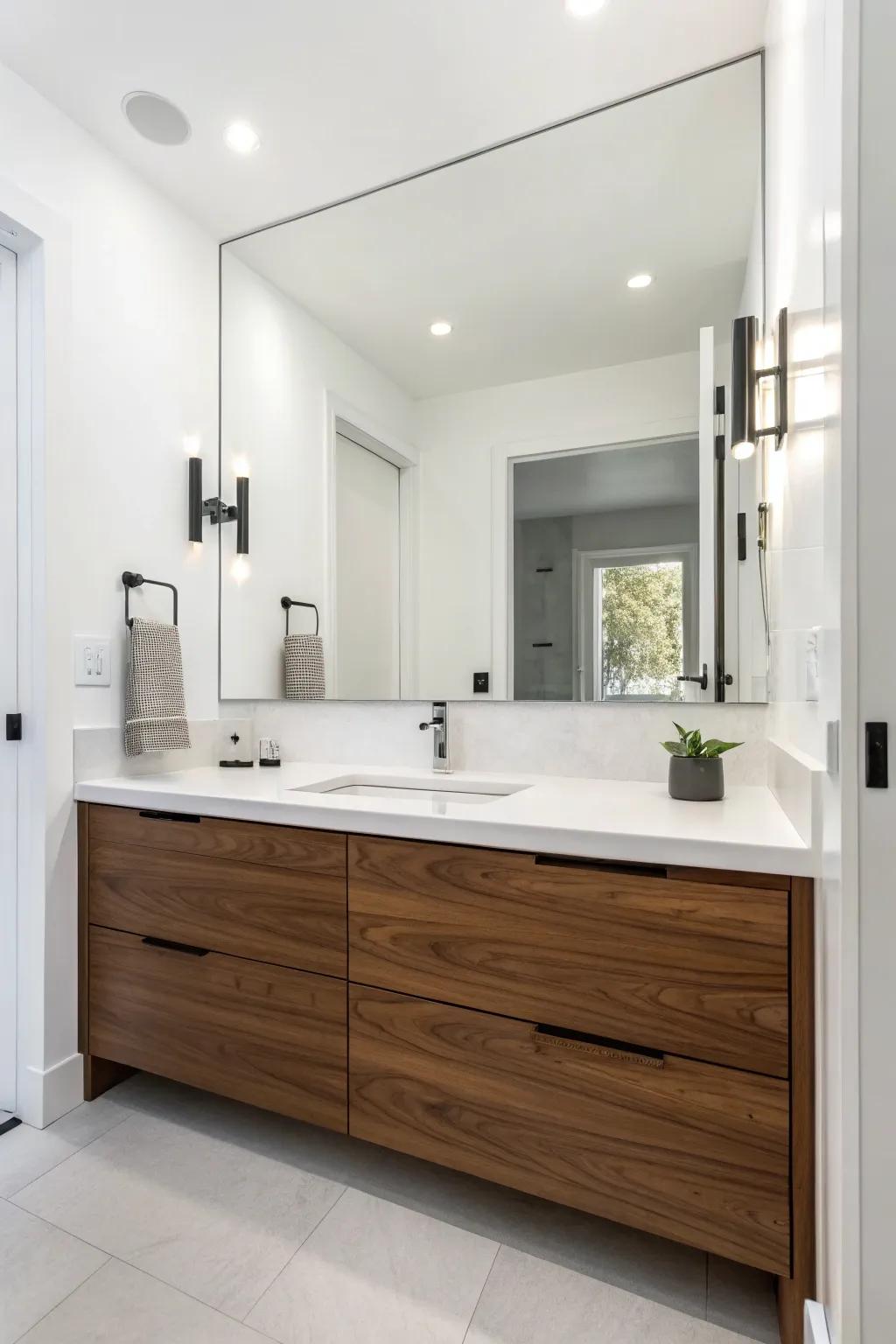 The essence of simplicity is captured in a modern pecan vanity.