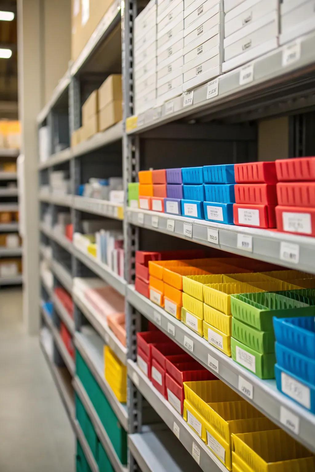 Labels that utilize color coding facilitate quick item retrieval.