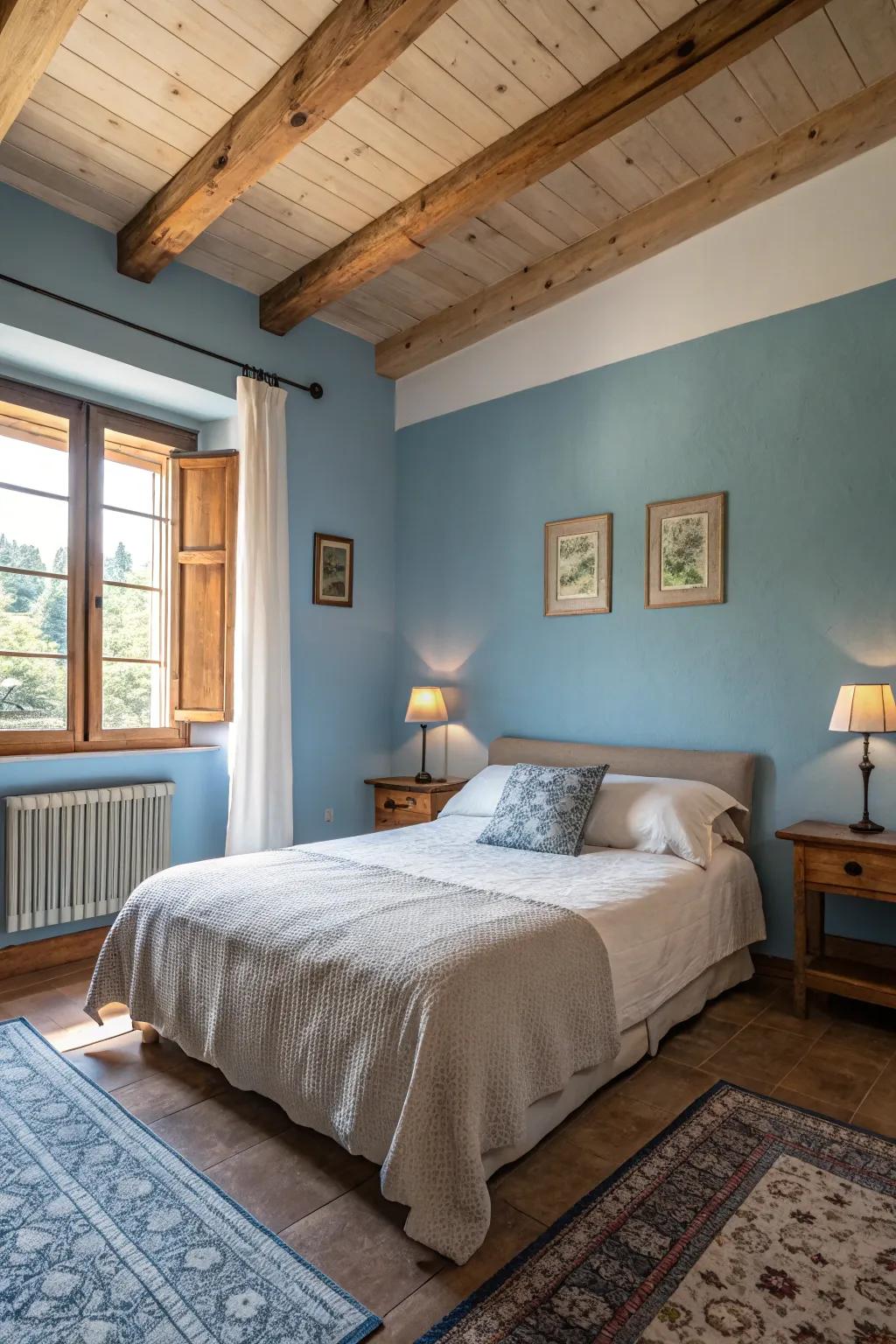 Enjoy restful evenings in a bedroom decorated in calming warm blue.