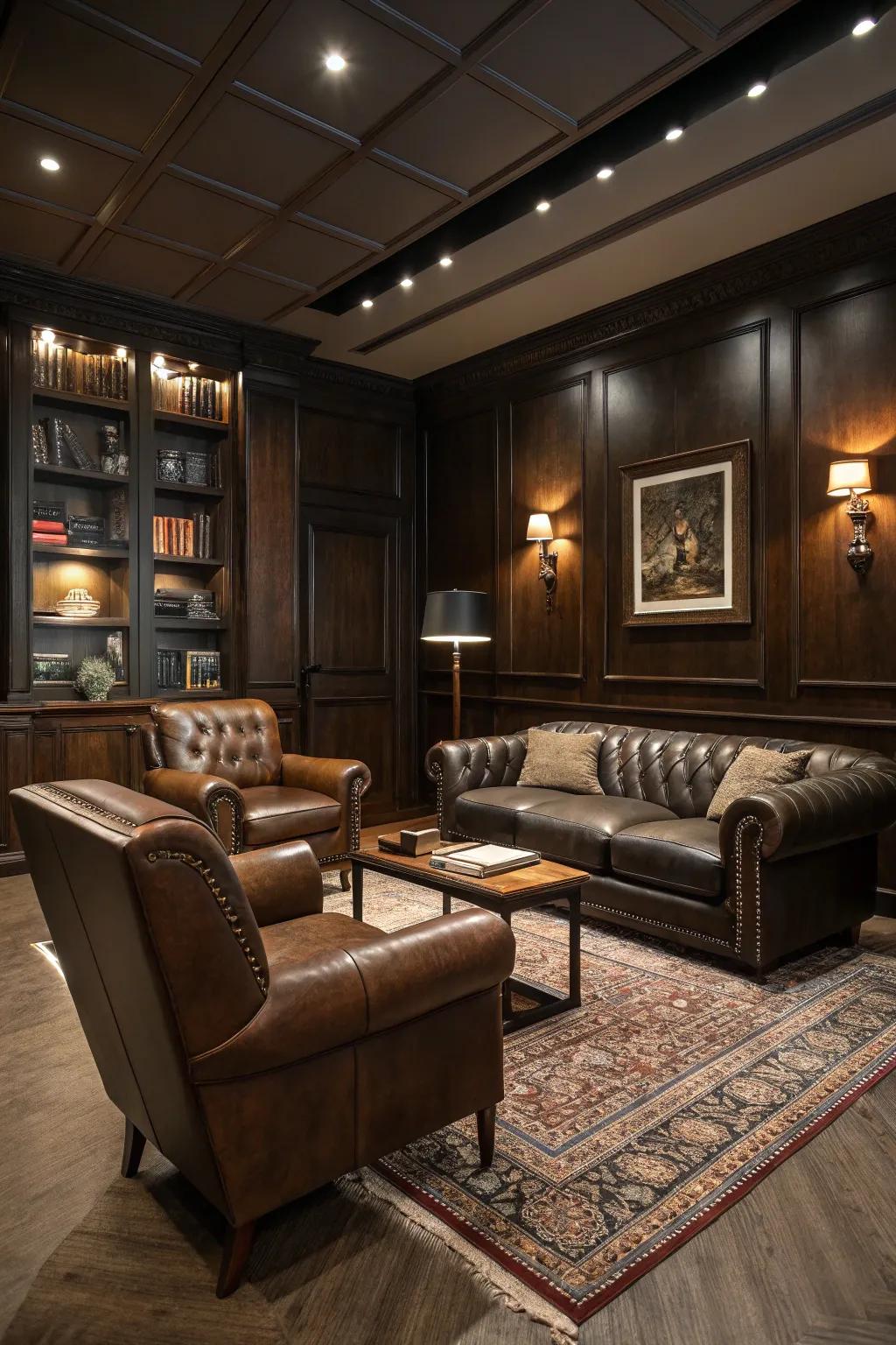 Hide furniture enhances a masculine theme with elements of opulence and pragmatism.