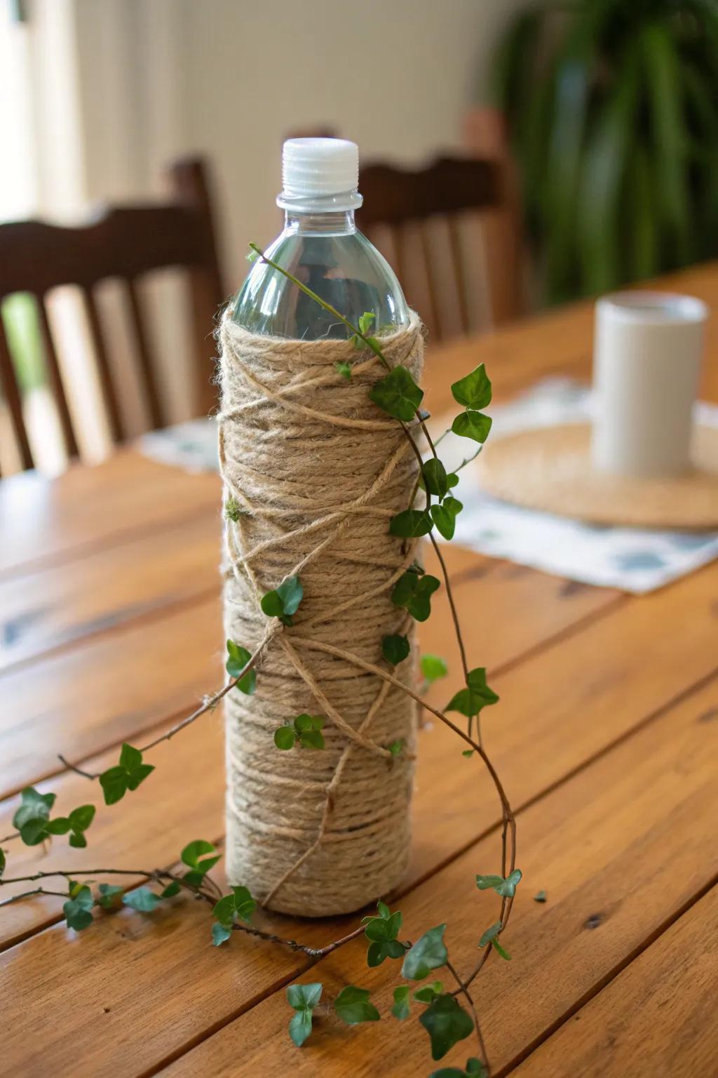 A countryside-inspired drinking bottle bound with twine and embellished with artificial foliage.