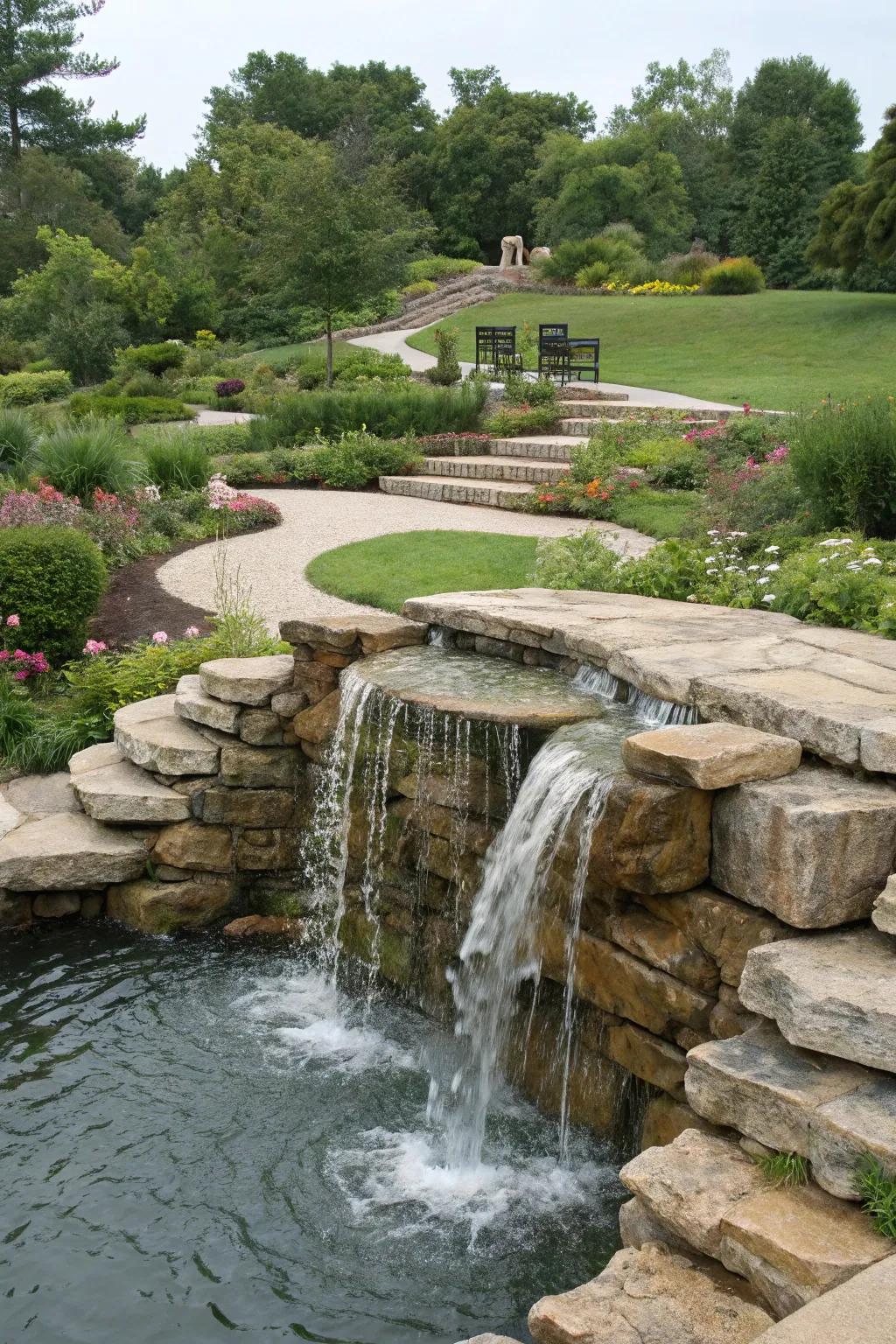 A tiered stone waterfall graces a garden with water smoothly transitioning down various layers.