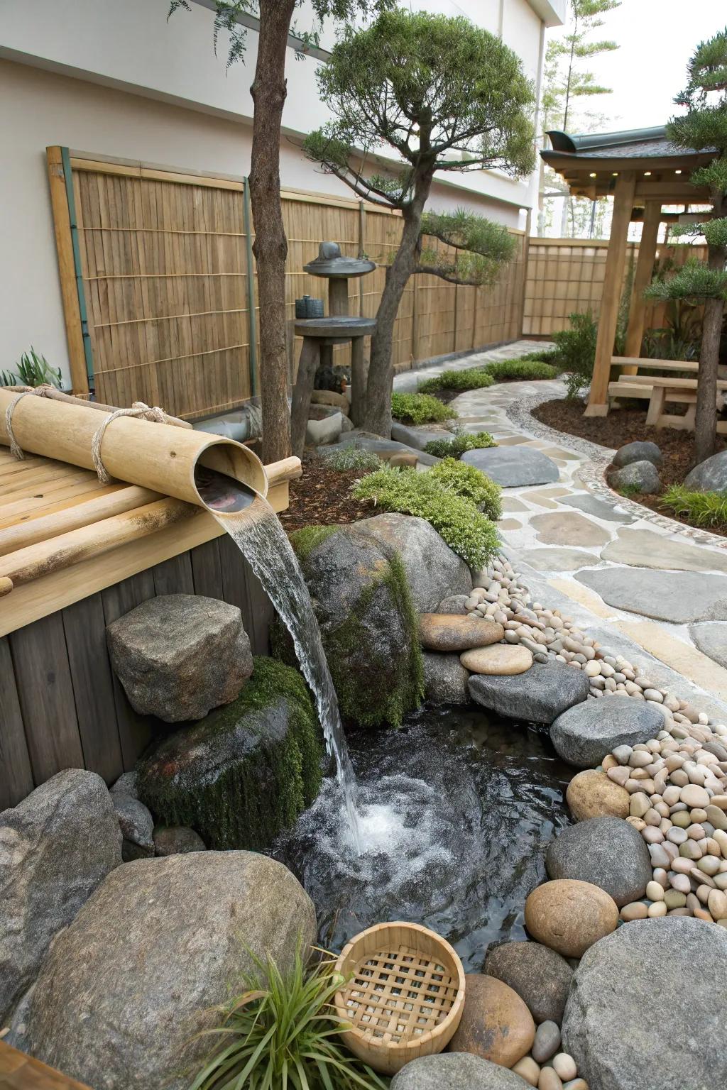 A Zen waterfall introduces a meditative feeling to a tranquil garden setting.