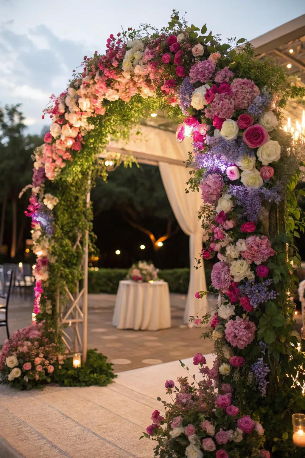 A lively floral arch that infuses any wedding with a burst of color.