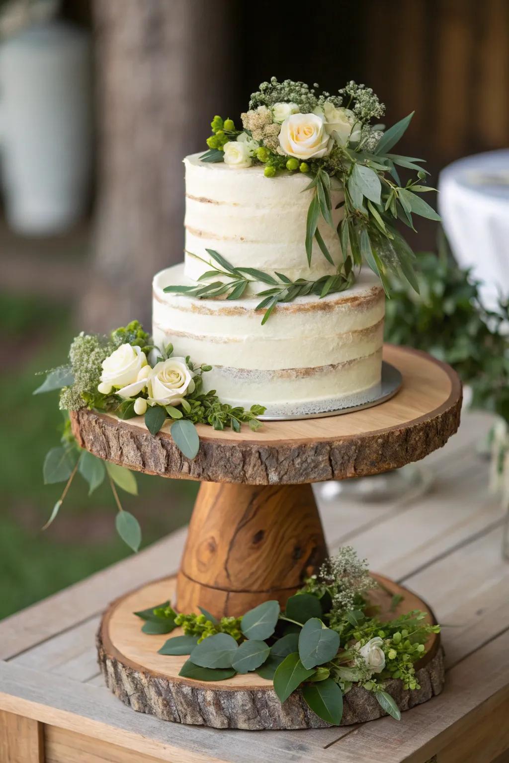 A country-style cake on a timber pedestal with greenery highlights.