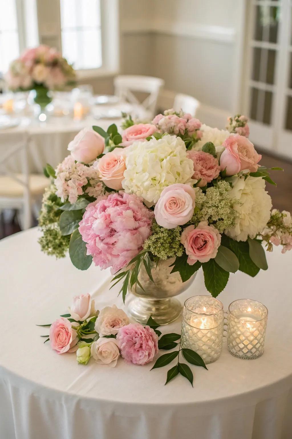 A lavish floral centerpiece for a garden-themed wedding.