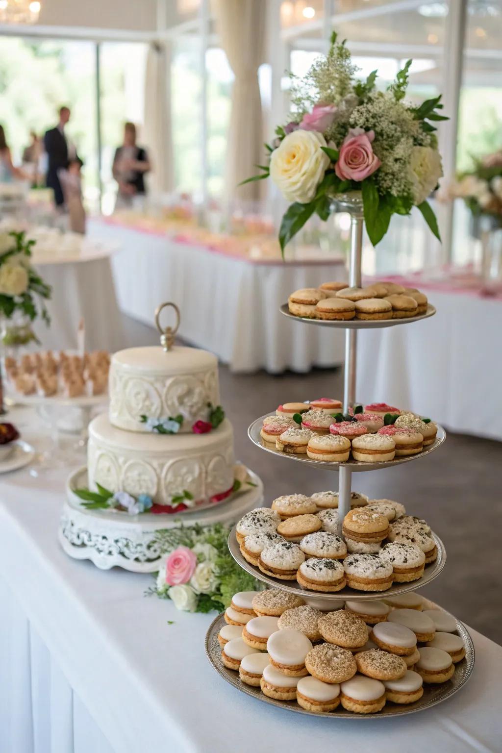 Tiered stands add elegance and space to a wedding cookie display.