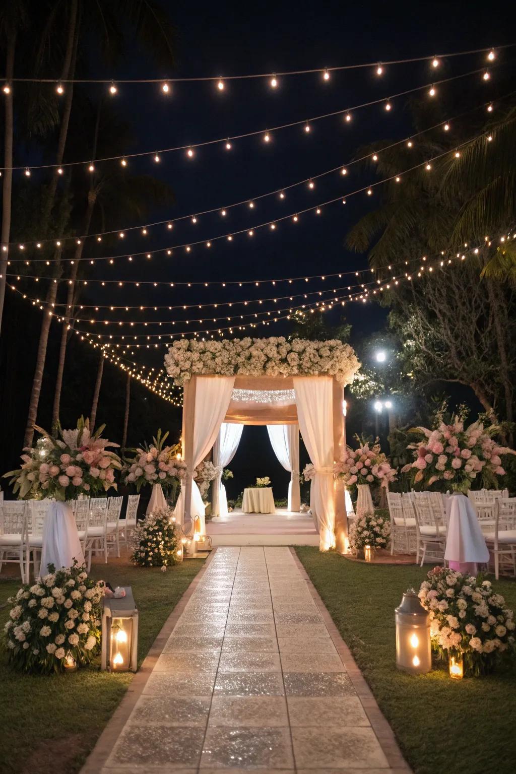 A beautifully lit wedding venue with string lights, creating a romantic atmosphere.