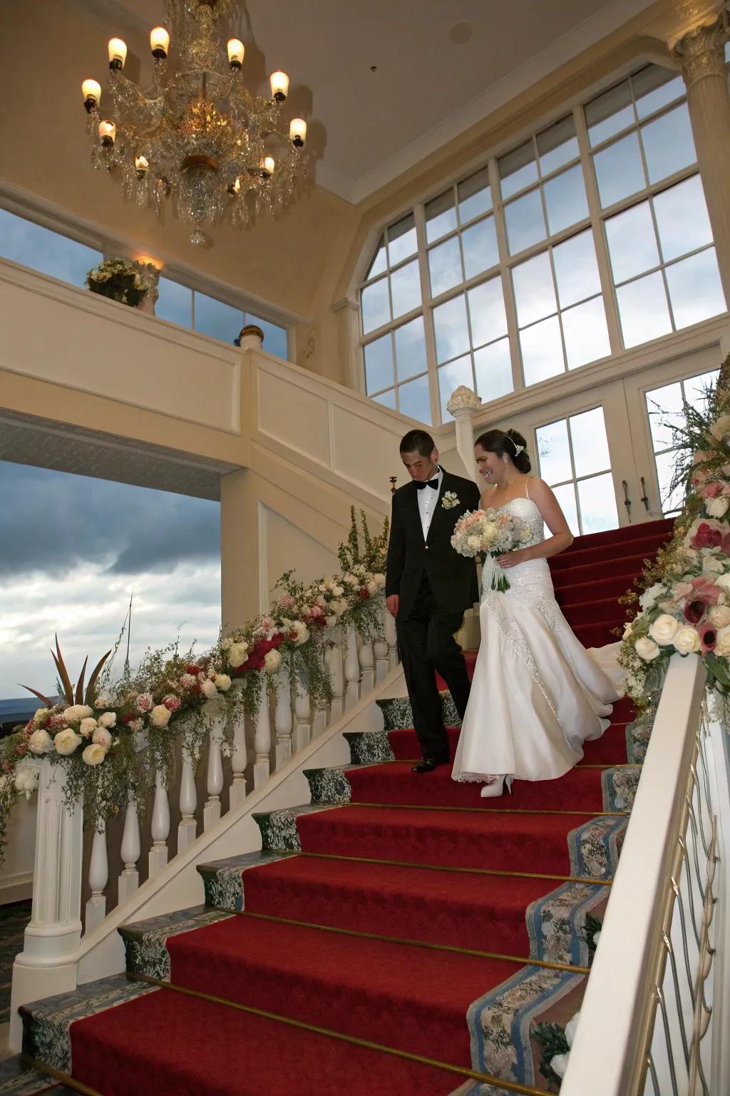 The wedding pair makes a sweeping entrance down a wonderfully adorned staircase.