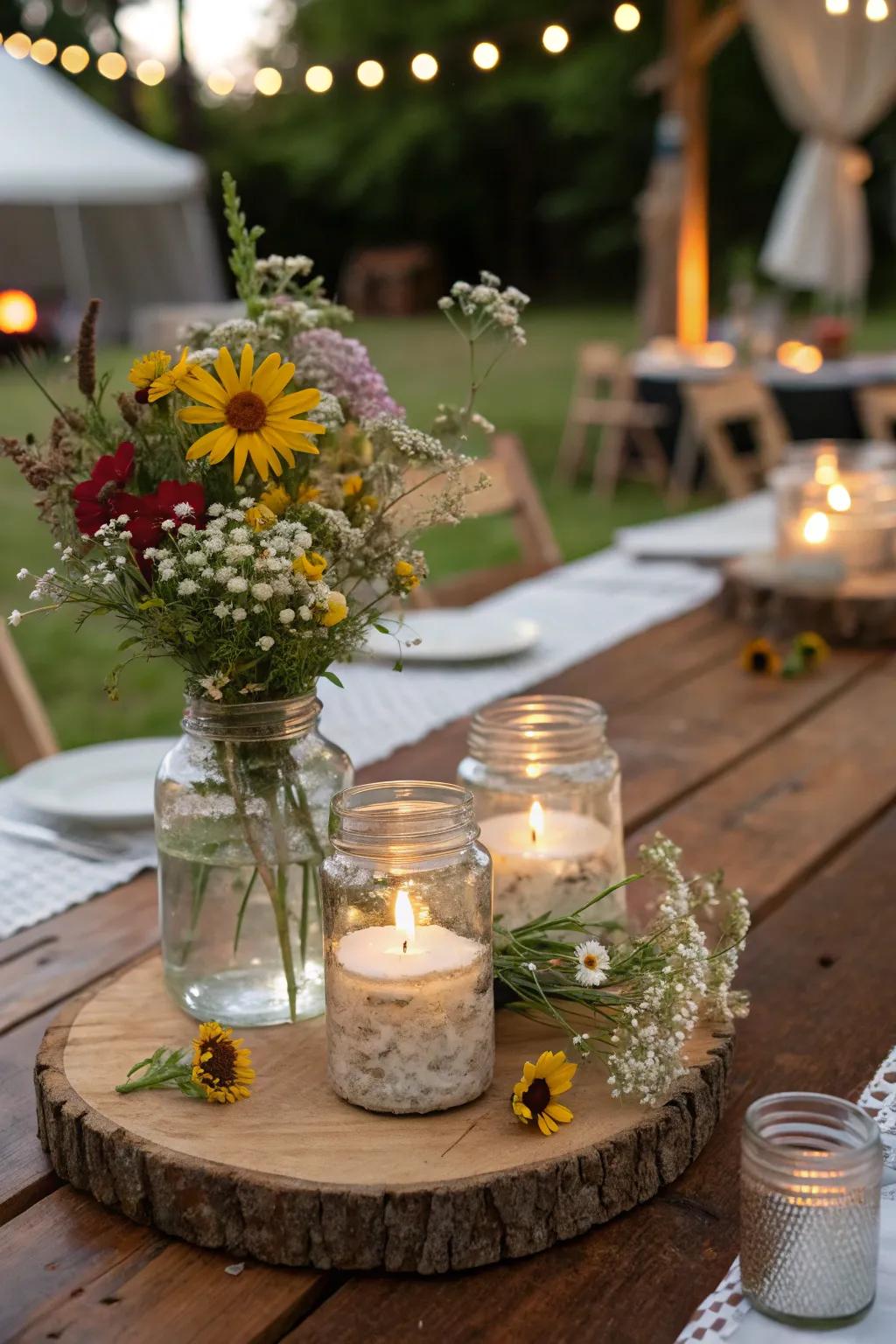 Rustic apothecary jars with floating candles radiate countryside charm.