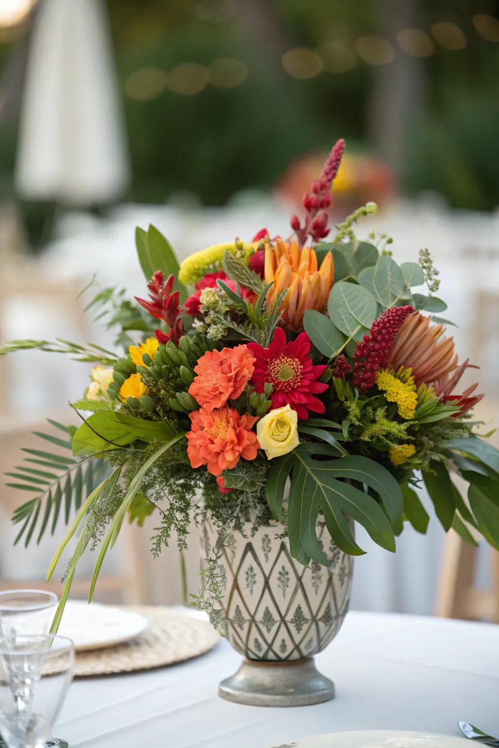 A lively table centerpiece featuring a mix of flowers and greenery, ideal for an unforgettable wedding reception.