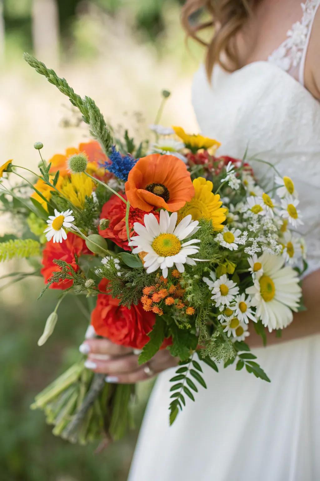 A vibrant wildflower bridal bouquet perfect for boho weddings.