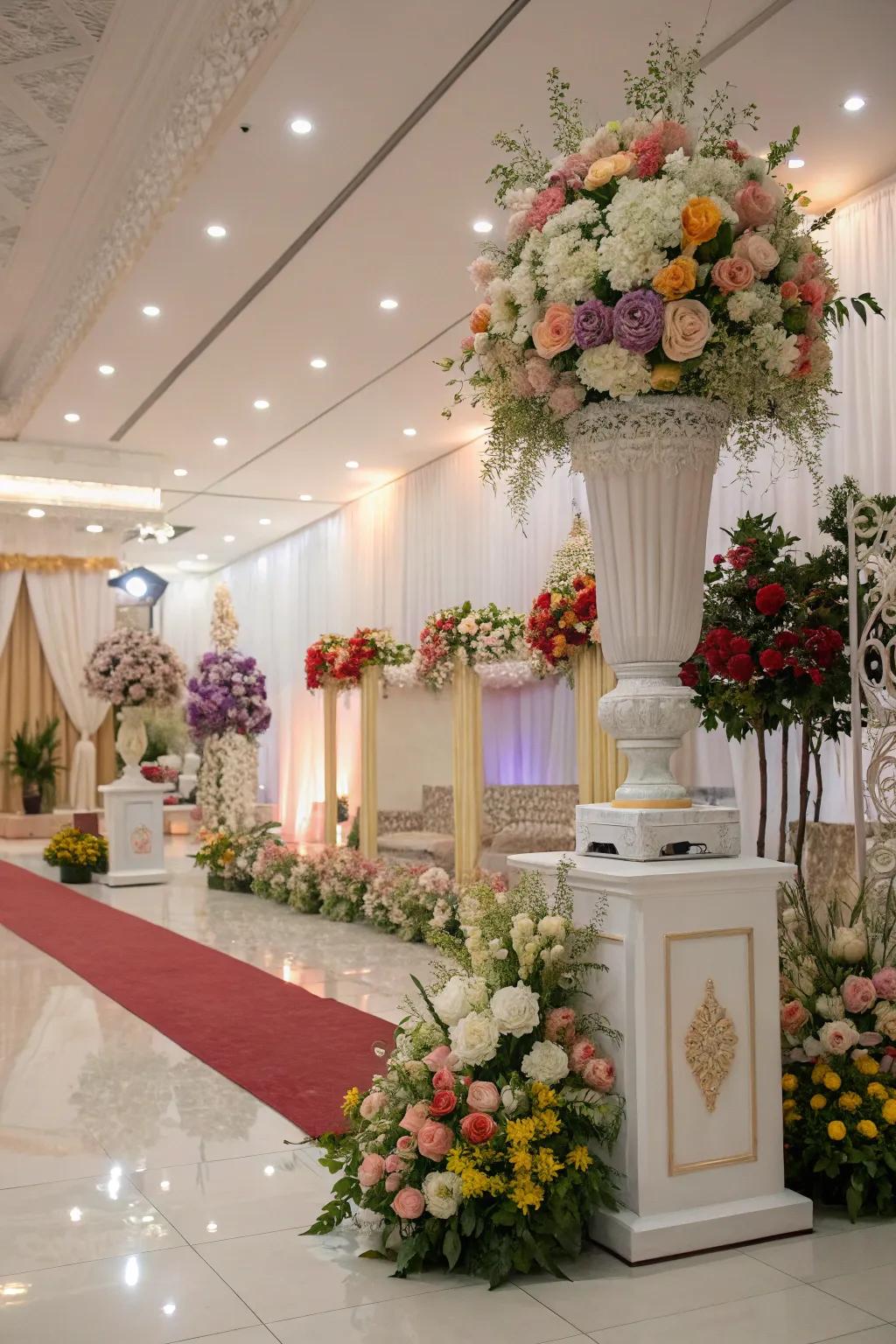 Flower displays infuse freshness and vibrancy into any wedding reception area.