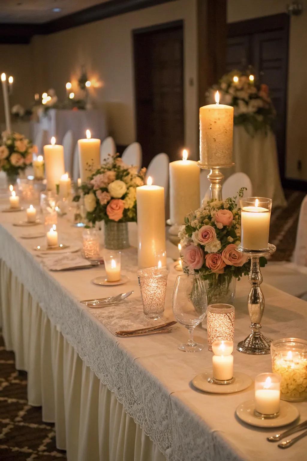 A wedding head table is beautifully illuminated with the gentle glow of candlelight.