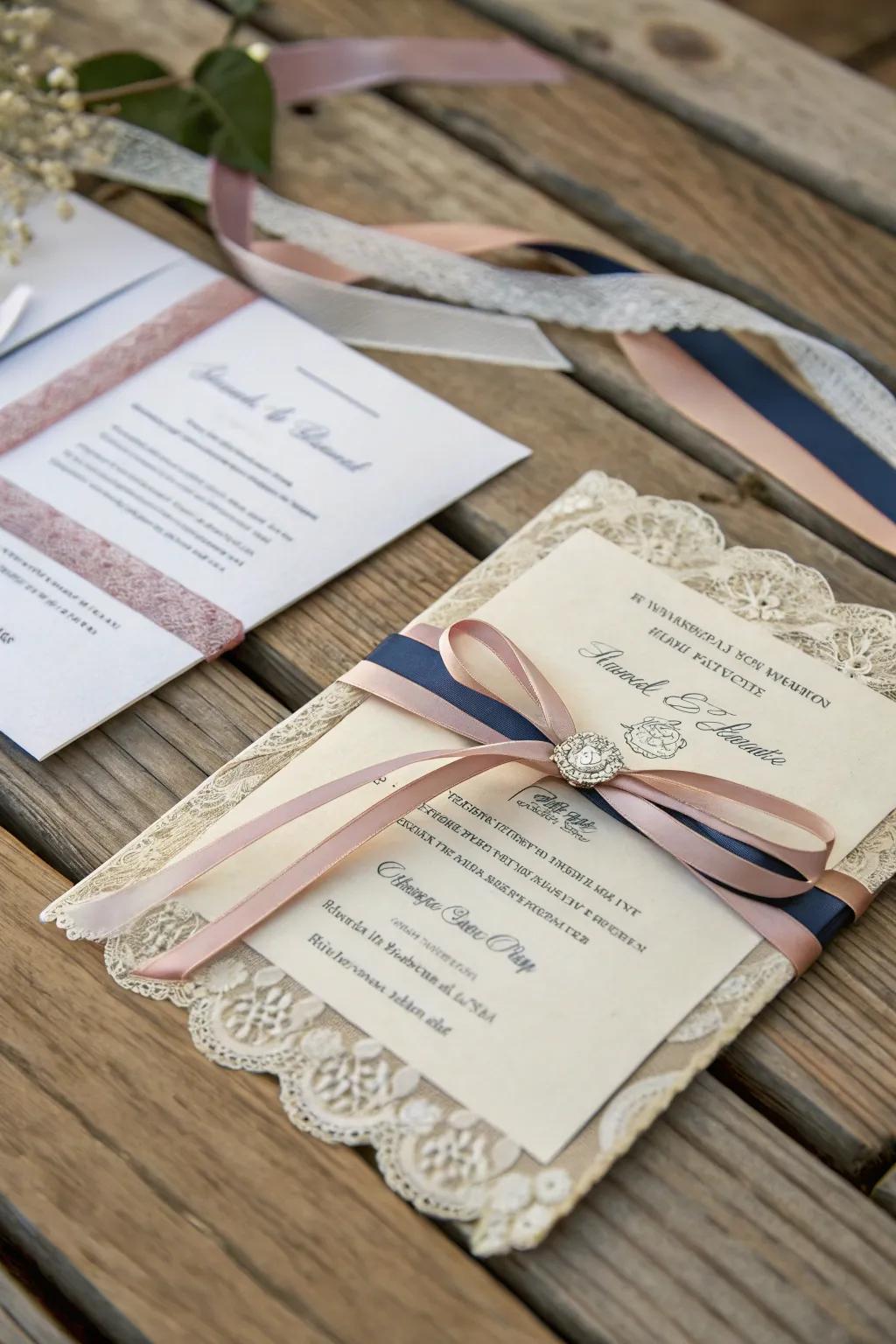 An exquisite wedding invitation displays layered ribbons.