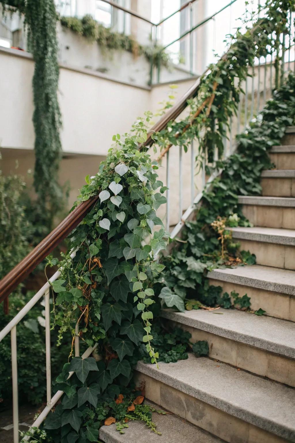 Eucalyptus and ivy give a revitalizing, authentic feel to this wedding stairway.