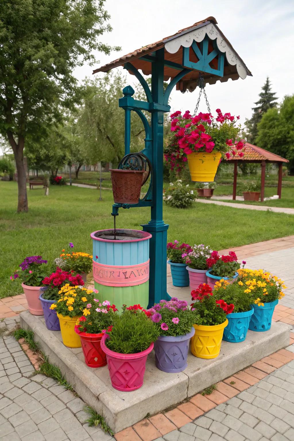 Radiant blooms breathe vitality into this surface feature, now an ornamental pump.