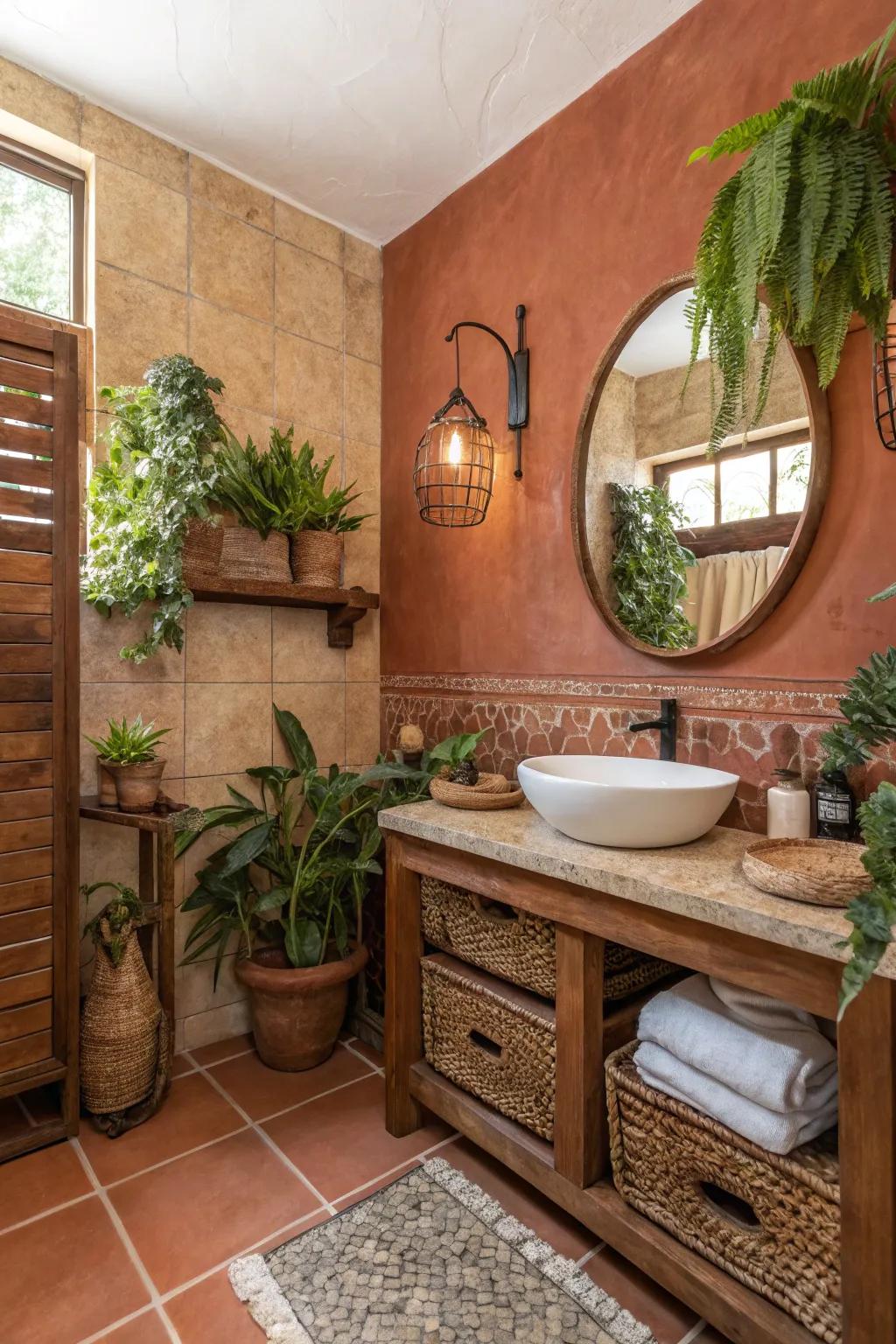 Earthy hues establish a serene ambiance in this Western-influenced bathroom.