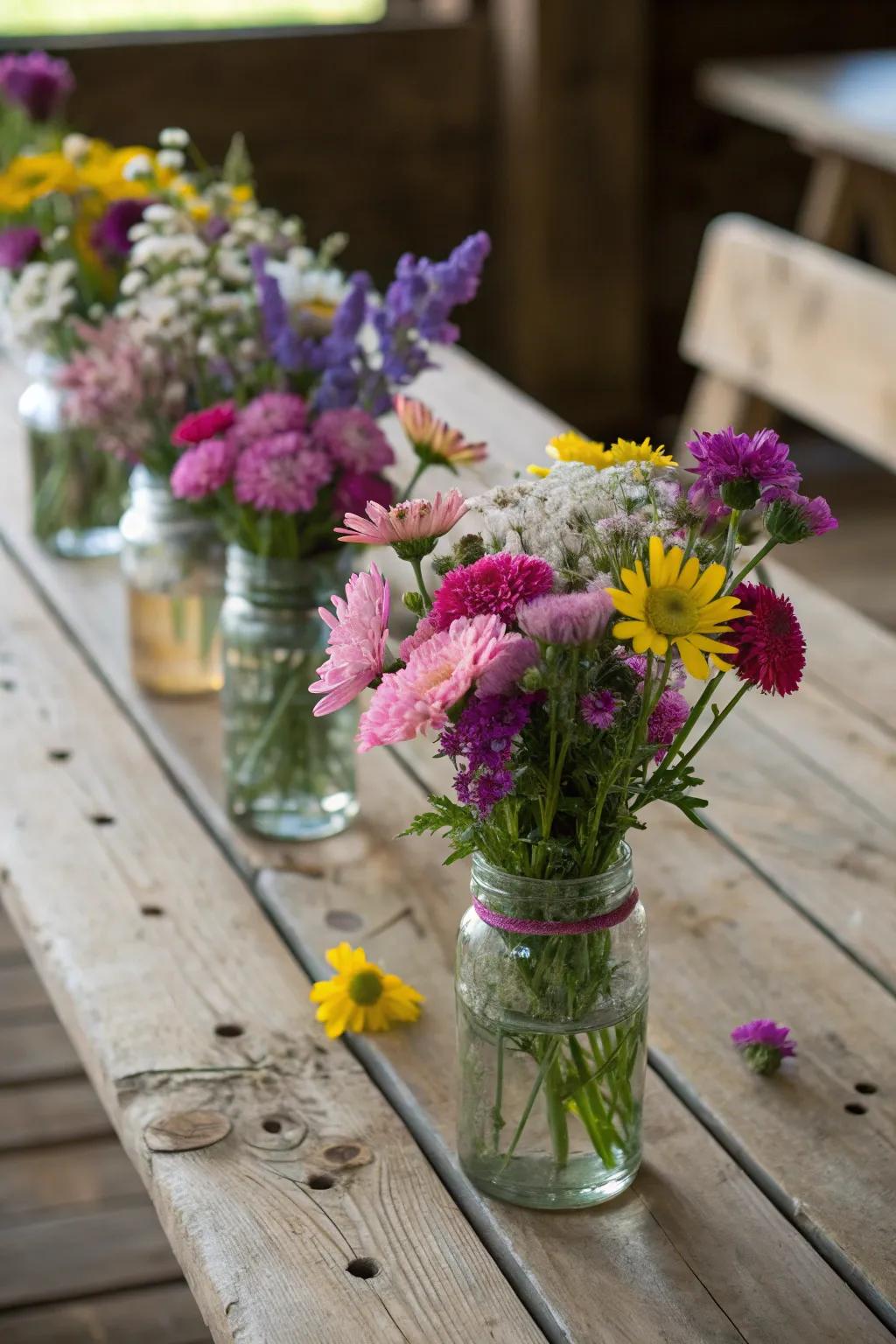 Glass jars with wildflowers make a statement as centerpieces that are simple yet stunning.