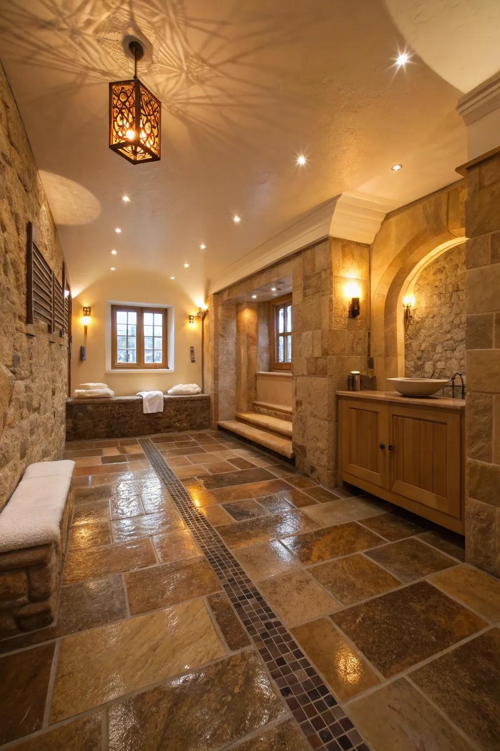 Natural stone flooring gives any wet room a classic elegance.