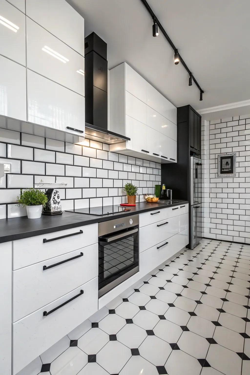 Make a bold statement with black grout against white tiles.