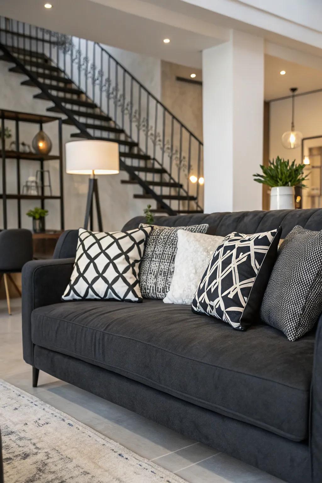 Black and white cushions present a timeless contrast against a dark grey sofa.