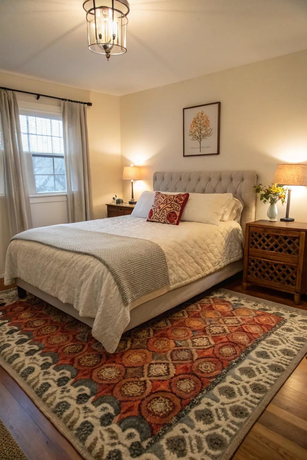 A 5x8 rug lends a welcoming element to a small bedroom, wonderfully matching the queen bed.