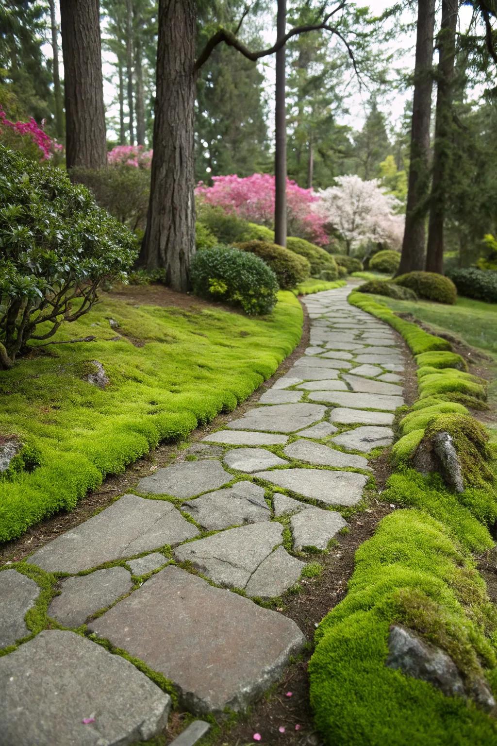 Rich foliage between flagstones adds a hint of greenery and softness.