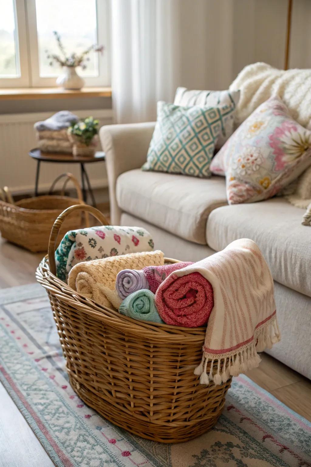 A basket of plush blankets adds warmth and visual appeal to the living room.