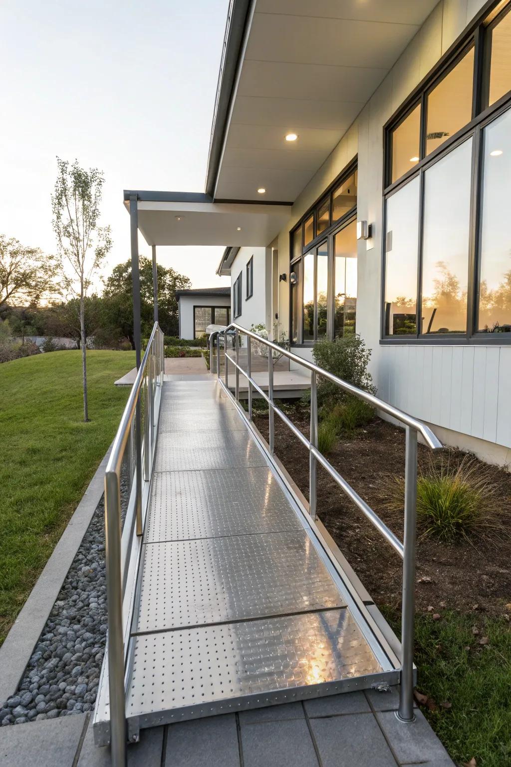 A contemporary metal ramp offering a stylish and durable entrance.