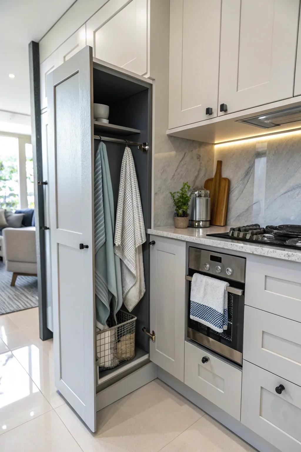 Maintain concealed yet accessible linens by suspending them within cabinet doors.