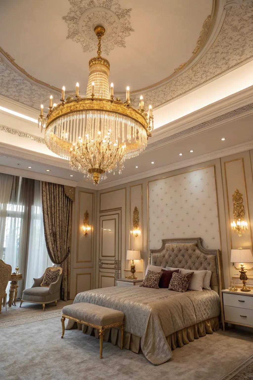 A gold chandelier introduces warmth and luxury.