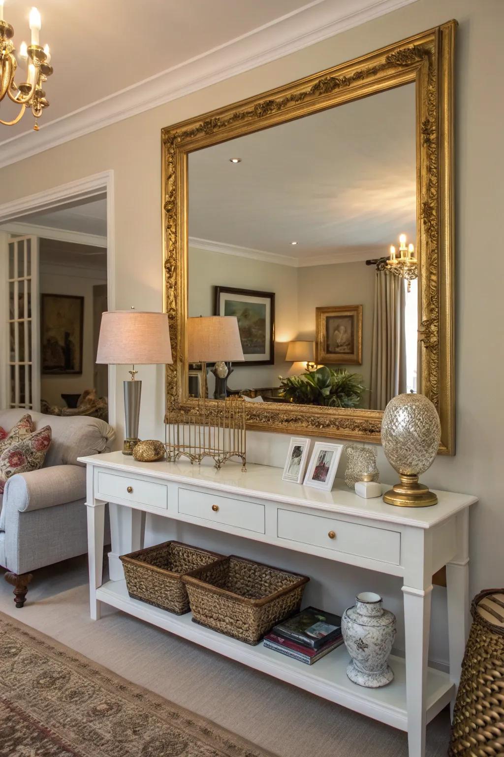Mirrors with gold frames bring an element of elegance and visually enlarge the room.
