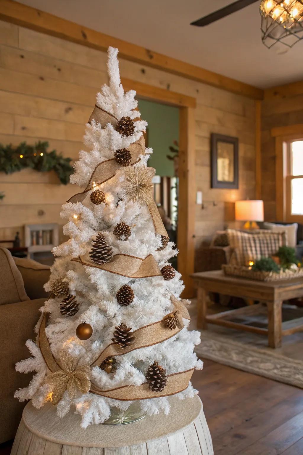 Rustic charm showcased through burlap and pinecone decorations on a white Christmas tree.