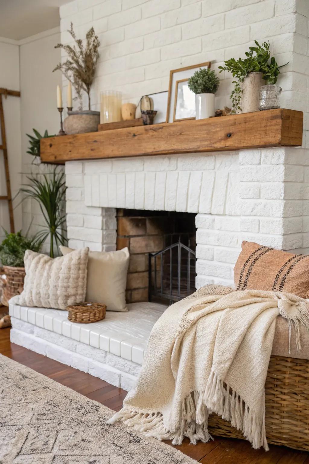 A rustic yet contemporary white brick fireplace featuring an appealing wooden mantel.