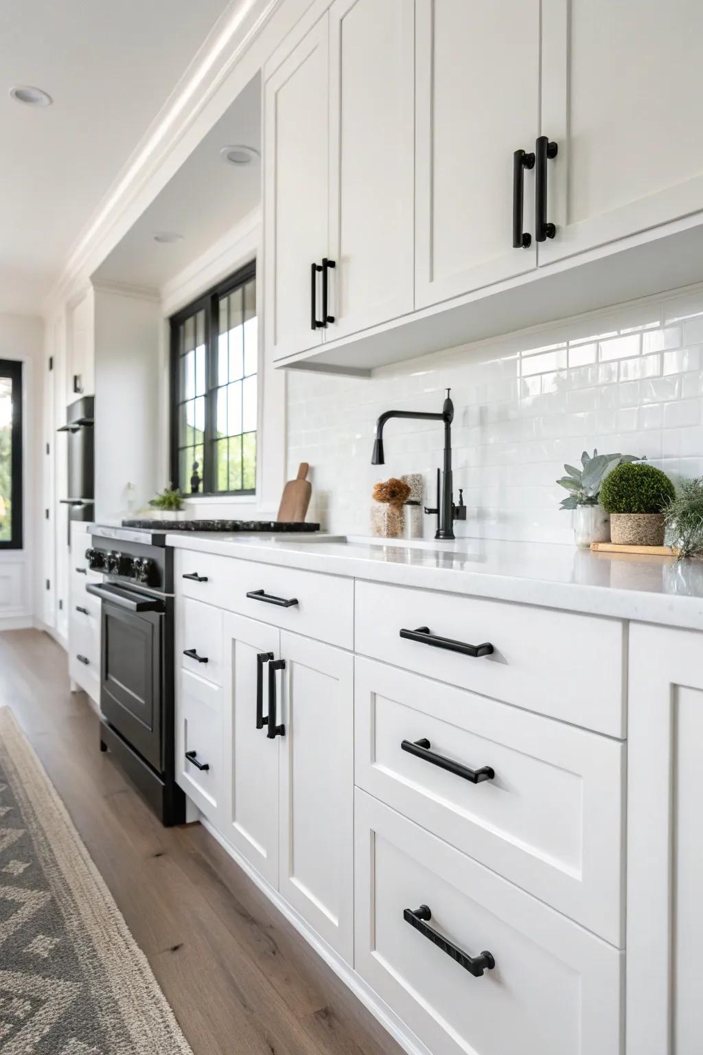 Striking matte black hardware providing a strong contrast to white cabinets.