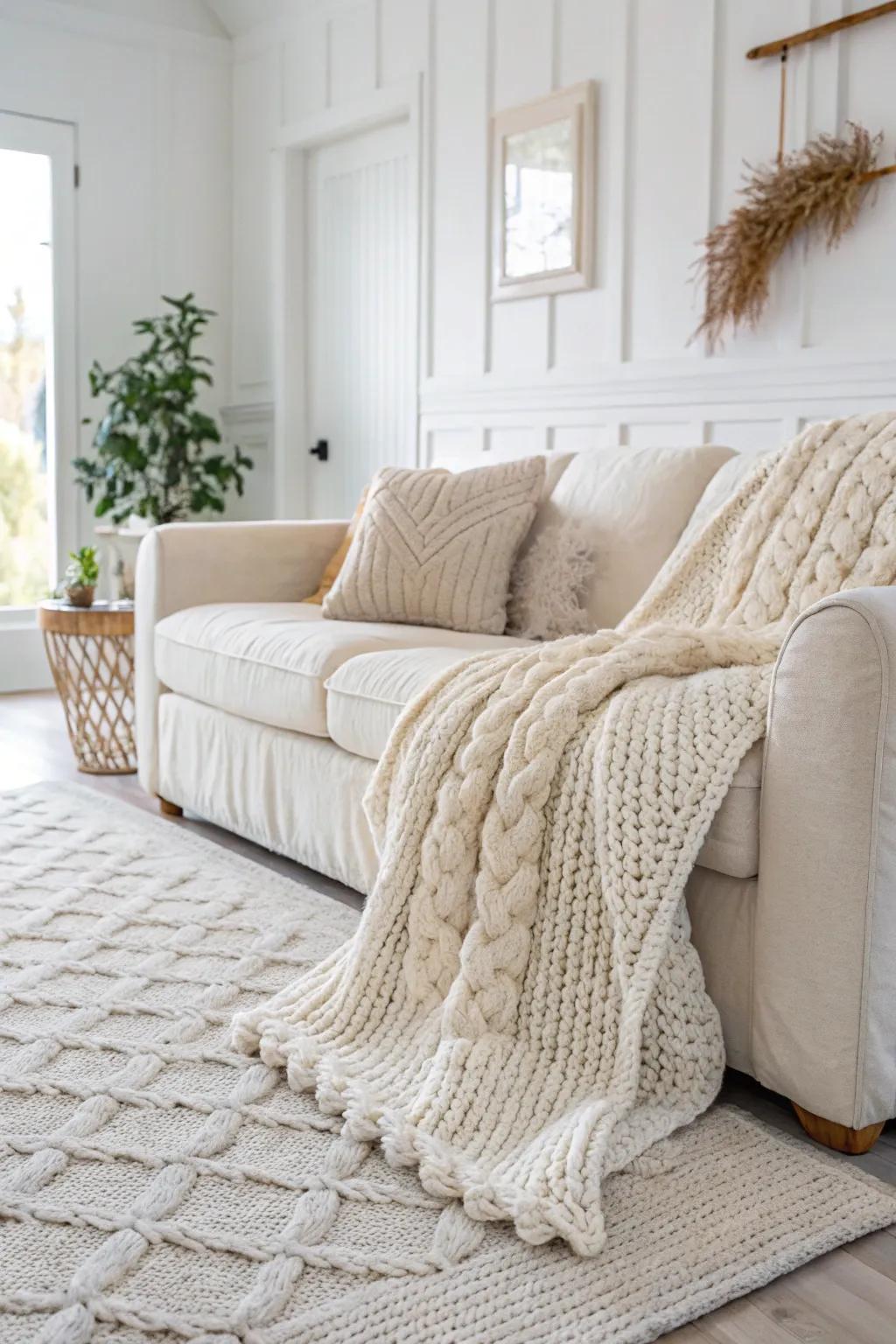 Layered textures introduce dimension and warmth to a white room.