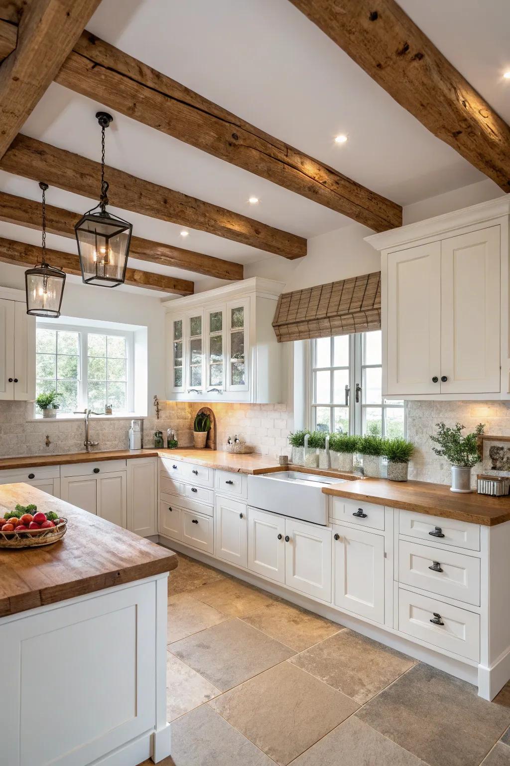 The combination of natural wood features beautifully complements the crisp, white cabinetry.