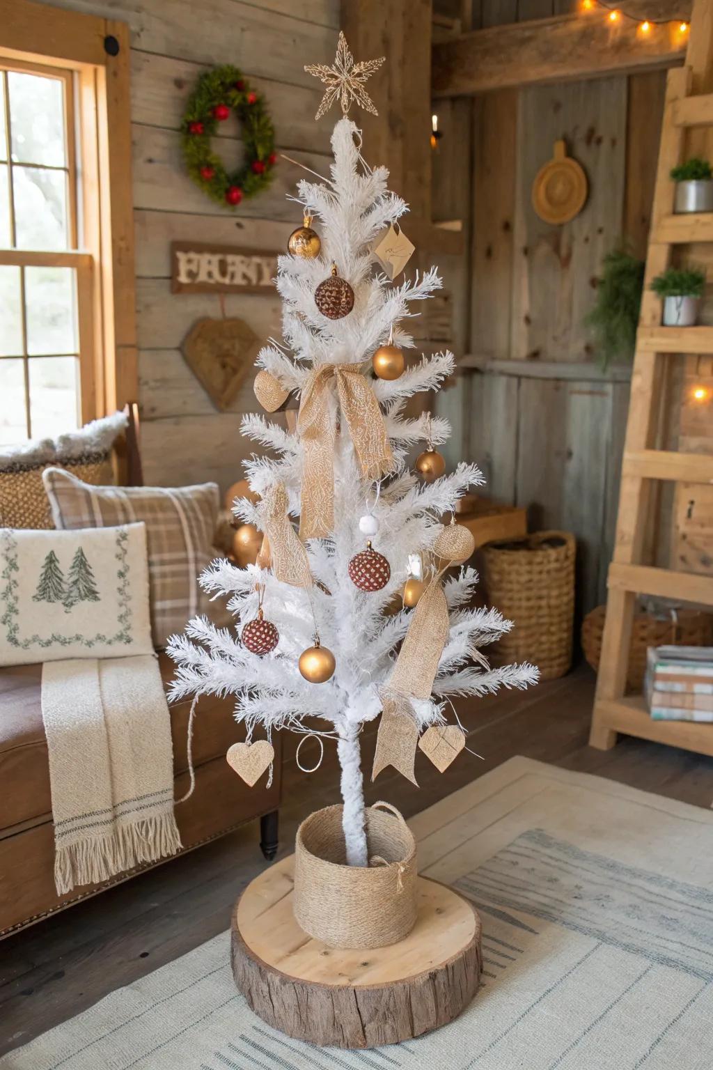 A Scandinavian-inspired white pencil tree with wooden and burlap features.