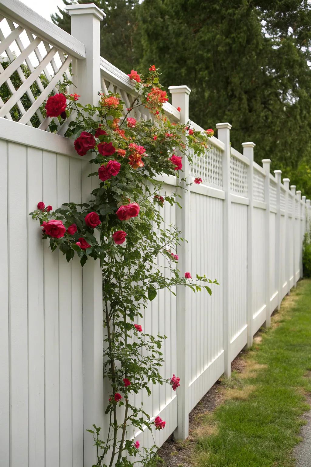 A crisscross top fence imparts an elegant touch to privacy while accommodating stunning plant integration.