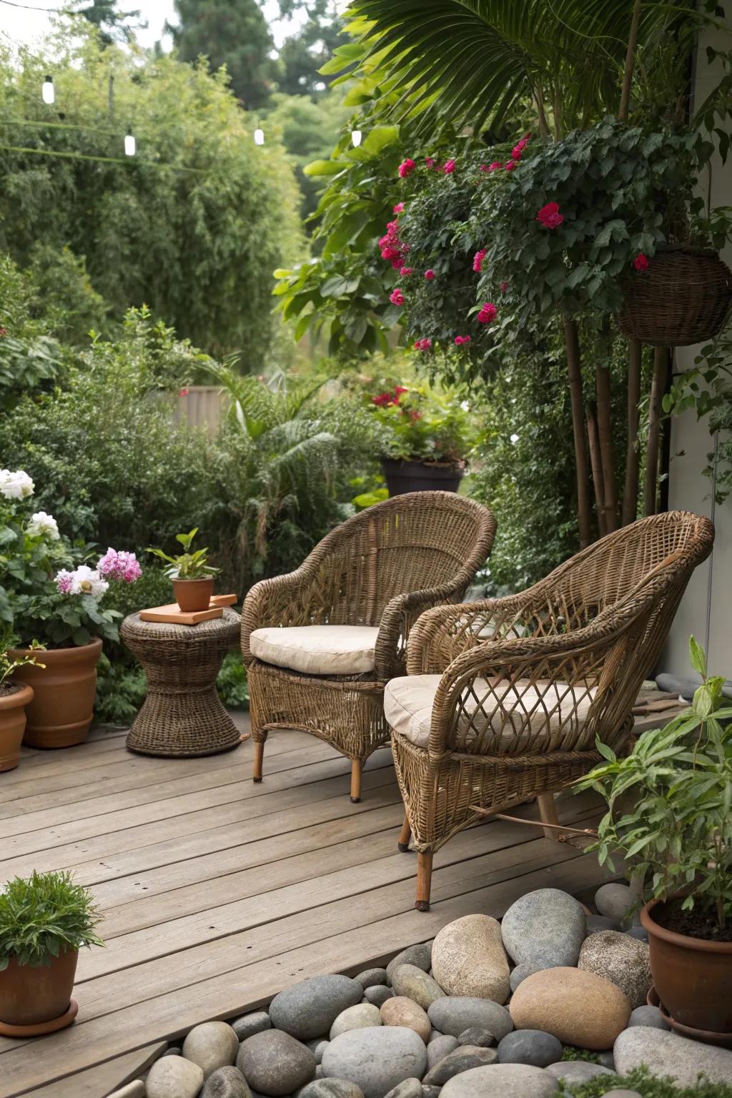 Wicker furnishings harmonizing effortlessly with organic accents.